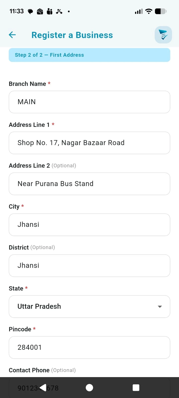 Register Business address screen A